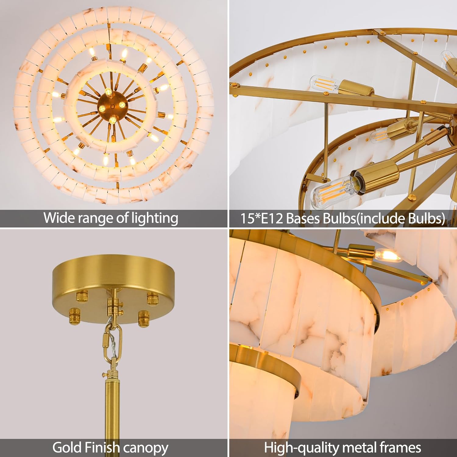 Modern 3-Tier Round Alabaster Chandelier-Gold 34"D by Meetlighting