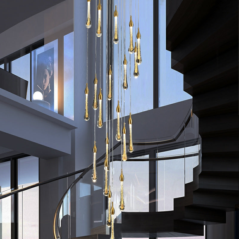 Foyer Glass Drops Pendant Chandelier Spiral Staircase High Ceiling Light Fixture In Gold Finish-MEET LIGHTING