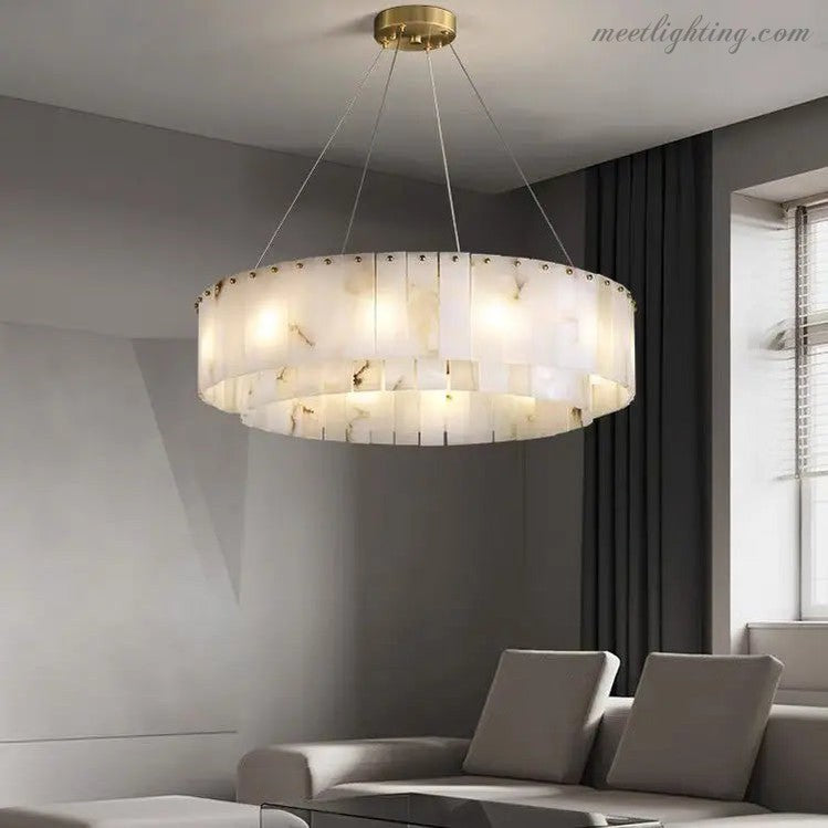 Alabaster Brass Round Living Room Chandelier Lighting-Meet Lighting