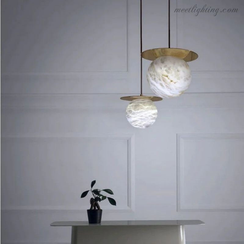 Alabaster Sphere Pendant Light Above Bed-Meet Lighting