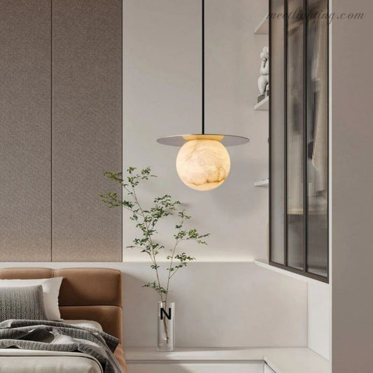 Alabaster Sphere Pendant Light Above Bed-Meet Lighting