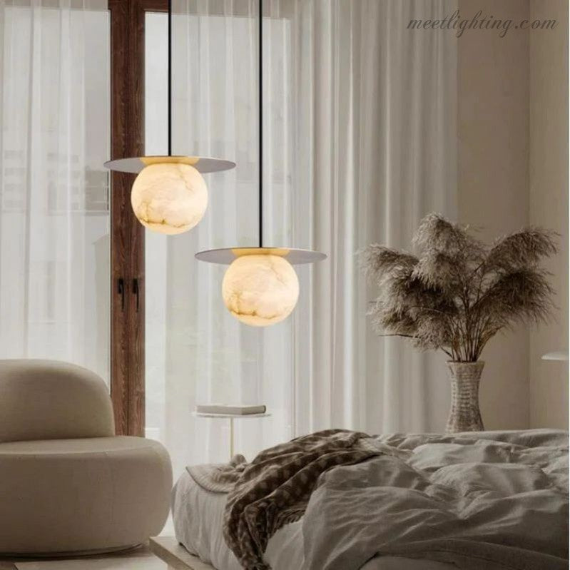 Alabaster Sphere Pendant Light Above Bed-Meet Lighting