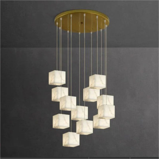 Alabaster Cubic Foyer Staircase Long Chandelier