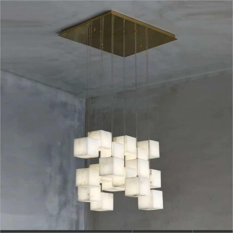 Alabaster Cubic Foyer Staircase Long Chandelier