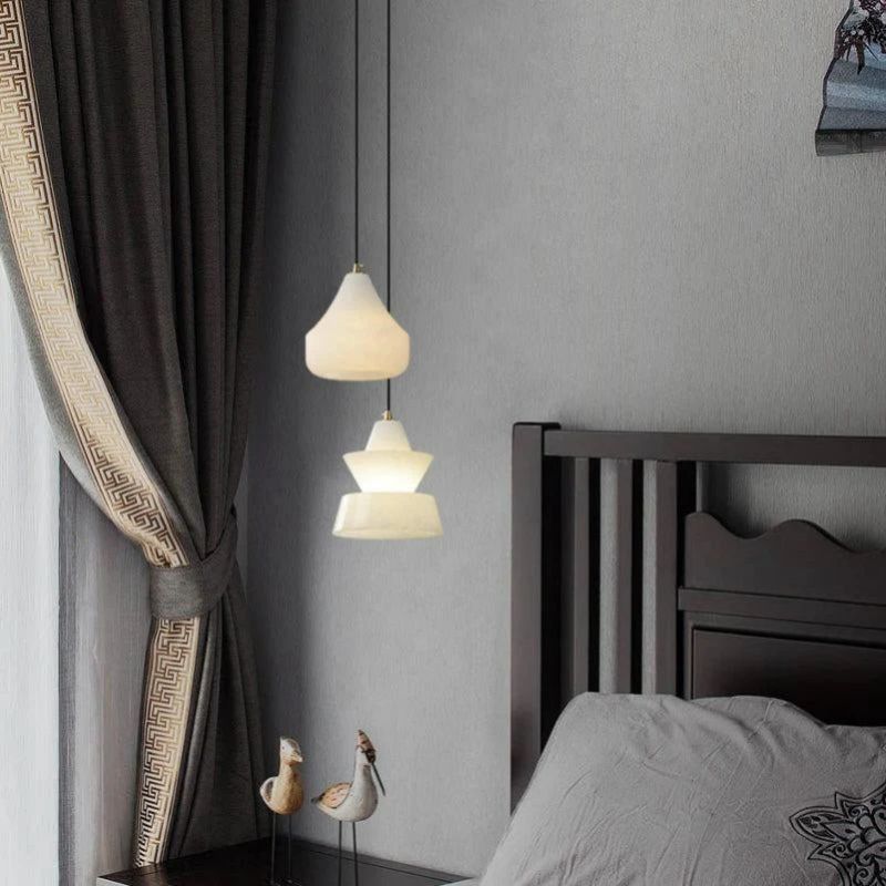 Alabaster Hat Pendant Light Over Nightstand