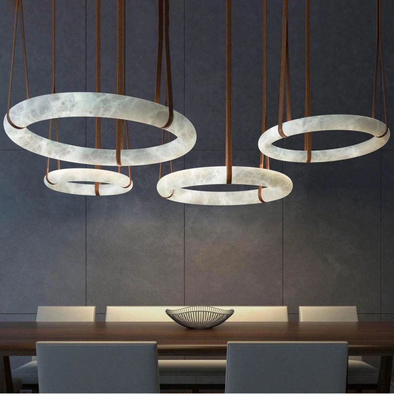 Olsa Alabaster Ring Round Pendant Chandelier, Modern Leather Strip Chandelier-MEET LIGHTING