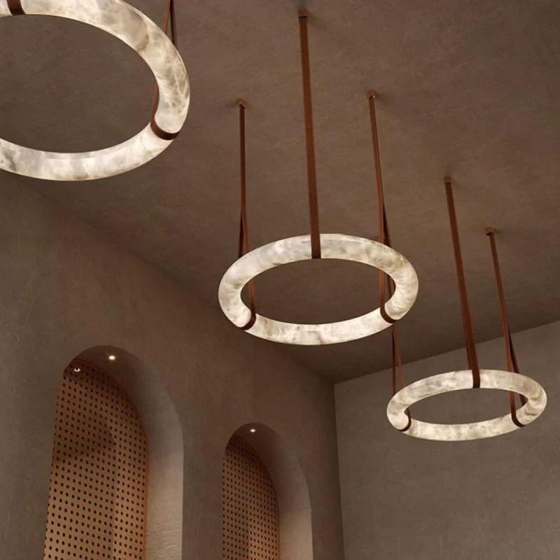 Olsa Alabaster Ring Round Pendant Chandelier, Modern Leather Strip Chandelier-MEET LIGHTING