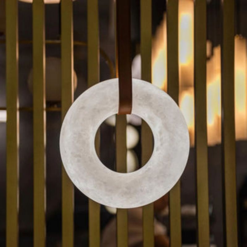 Olsa Alabaster Ring Round Pendant Chandelier, Modern Leather Strip Chandelier-MEET LIGHTING
