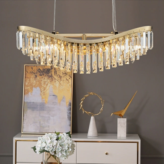 Boat Shaped LED Crystal Chandelier Oval Ceiling Light Fixture For Living/ Dining Room Table In Brass Finish-MEET LIGHTING