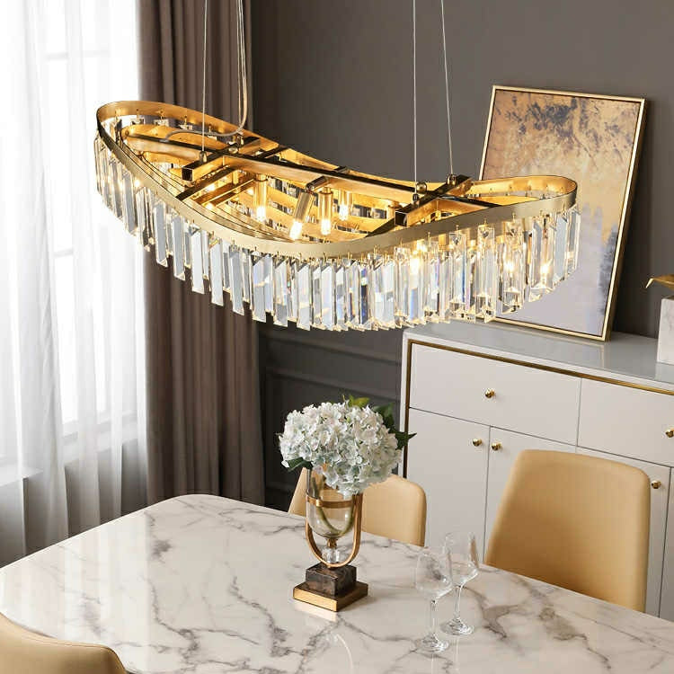 Boat Shaped LED Crystal Chandelier Oval Ceiling Light Fixture For Living/ Dining Room Table In Brass Finish-MEET LIGHTING