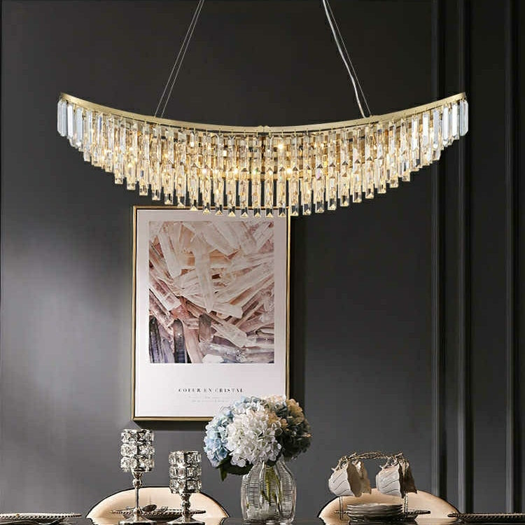Boat Shaped LED Crystal Chandelier Oval Ceiling Light Fixture For Living/ Dining Room Table In Brass Finish-MEET LIGHTING