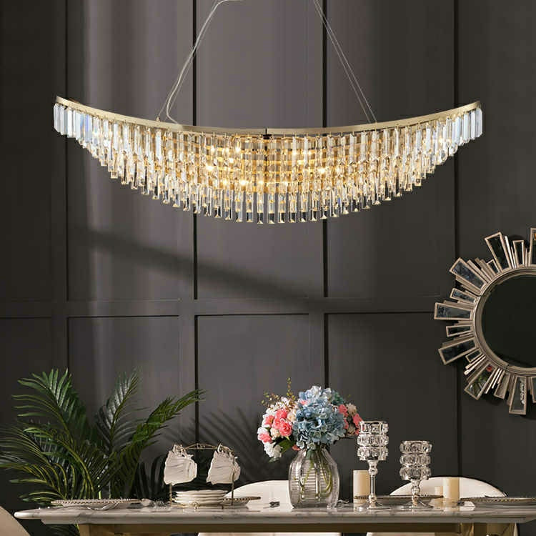 Boat Shaped LED Crystal Chandelier Oval Ceiling Light Fixture For Living/ Dining Room Table In Brass Finish-MEET LIGHTING