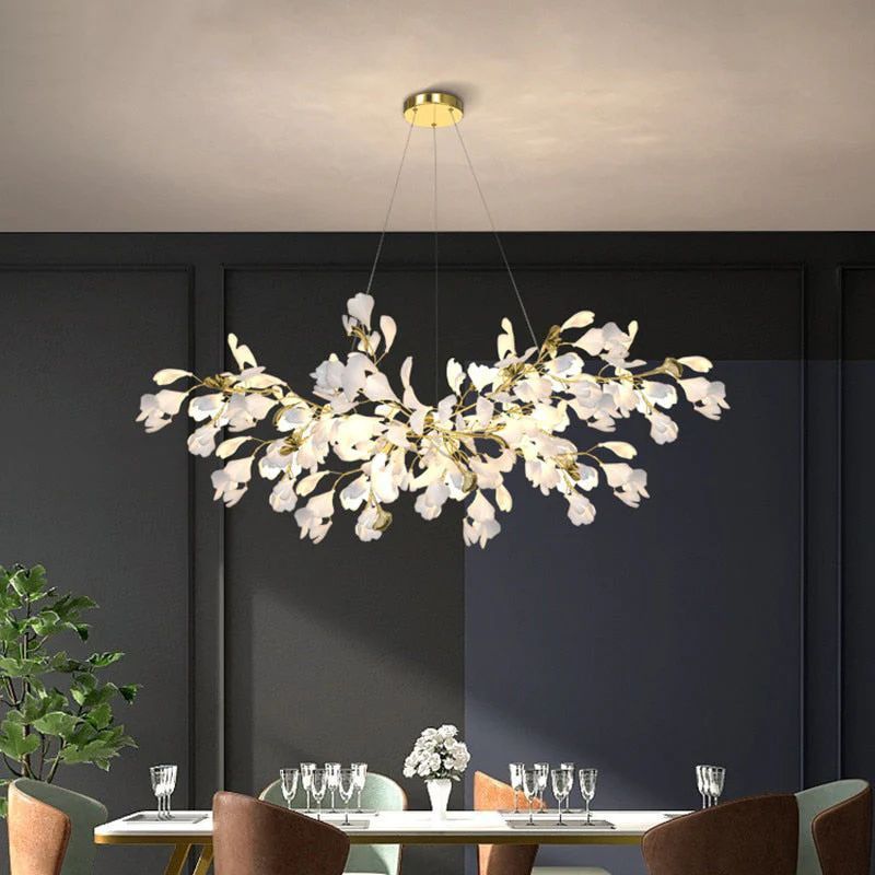 Ceramic Ginkgo Linear Branch Chandelier-MEET LIGHTING