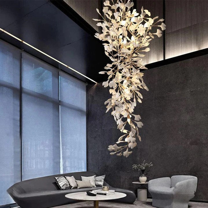 Ceramics Ginkgo Leaves Twig Chandelier Tree Branch Shaped Pendant Light For High Ceiling Living Room Hotel Hall-MEET LIGHTING