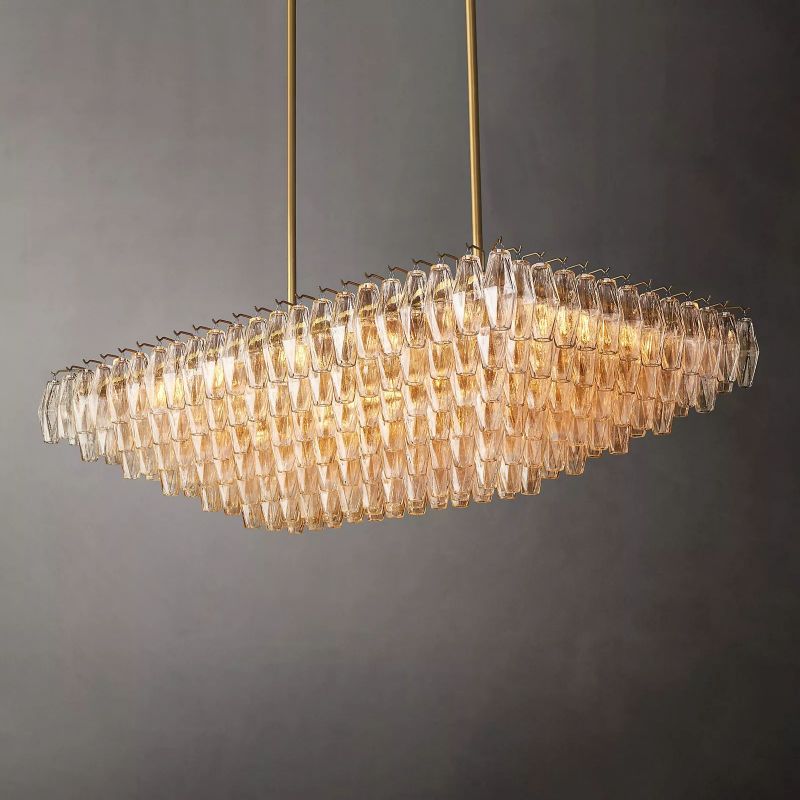 Chara Clear Glass Tiered Rectangular Chandelier 54" chandeliers for dining room,chandeliers for stairways,chandeliers for foyer,chandeliers for bedrooms,chandeliers for kitchen,chandeliers for living room Rbrights Lacquered Burnished Brass  