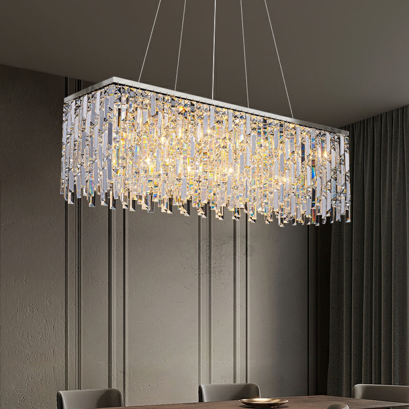 Chrome/ Silver Decorative Kitchen Island Lighting Crystal Rectangle Chandelier For Long Dining Table Round Pendant Light Fixture For Living Room-MEET LIGHTING