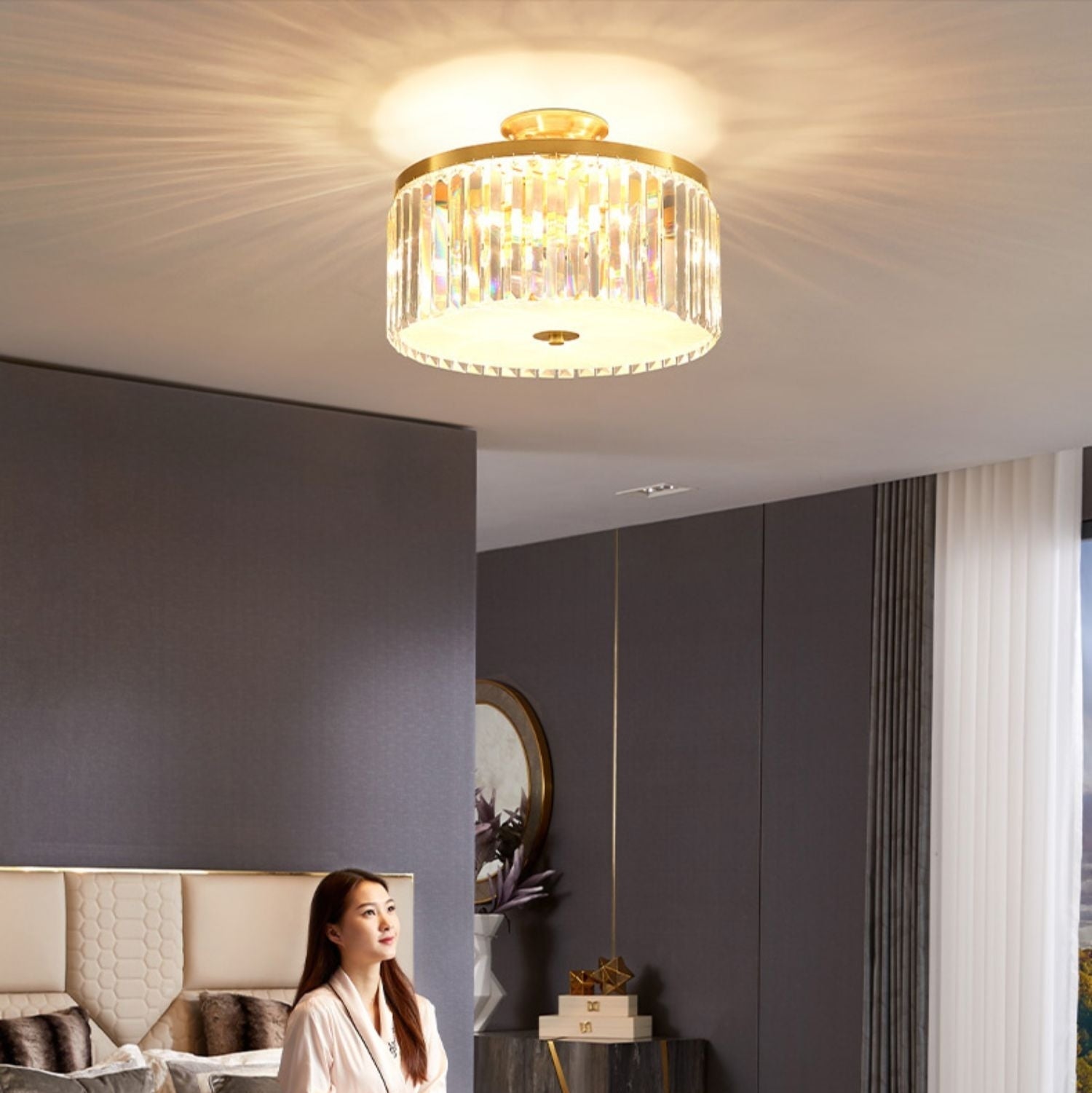 D16" LED Decorative Round Ceiling Lighting Fixture Mini Living/ Bedroom Gold Flush Mount Crystal Chandelier-MEET LIGHTING