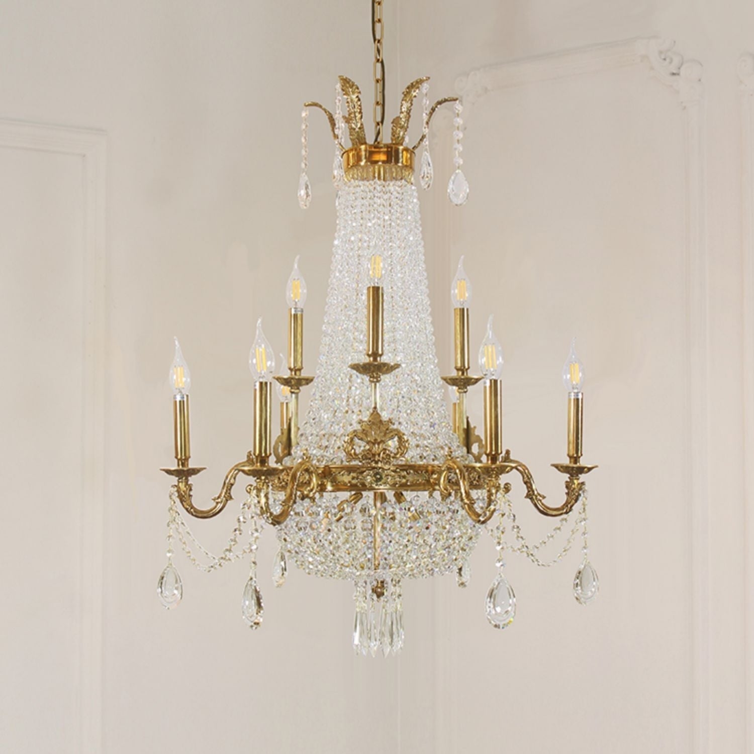 8/12/15 Lights Decorative Empire Brass Candles Crystal Chandelier Romantic Foyer Living Room Ceiling Light Fixture in Pure Copper Finish-MEET LIGHTING