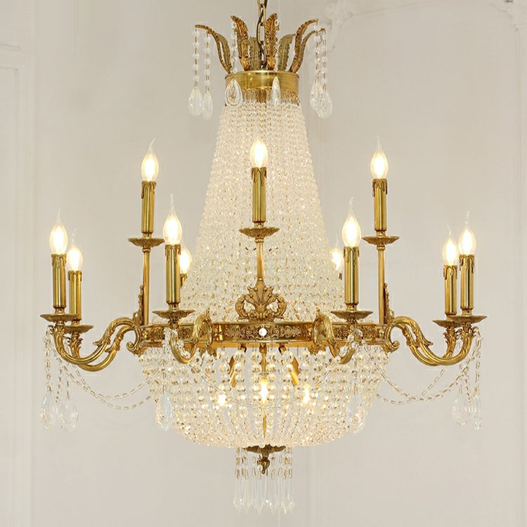8/12/15 Lights Decorative Empire Brass Candles Crystal Chandelier Romantic Foyer Living Room Ceiling Light Fixture in Pure Copper Finish-MEET LIGHTING