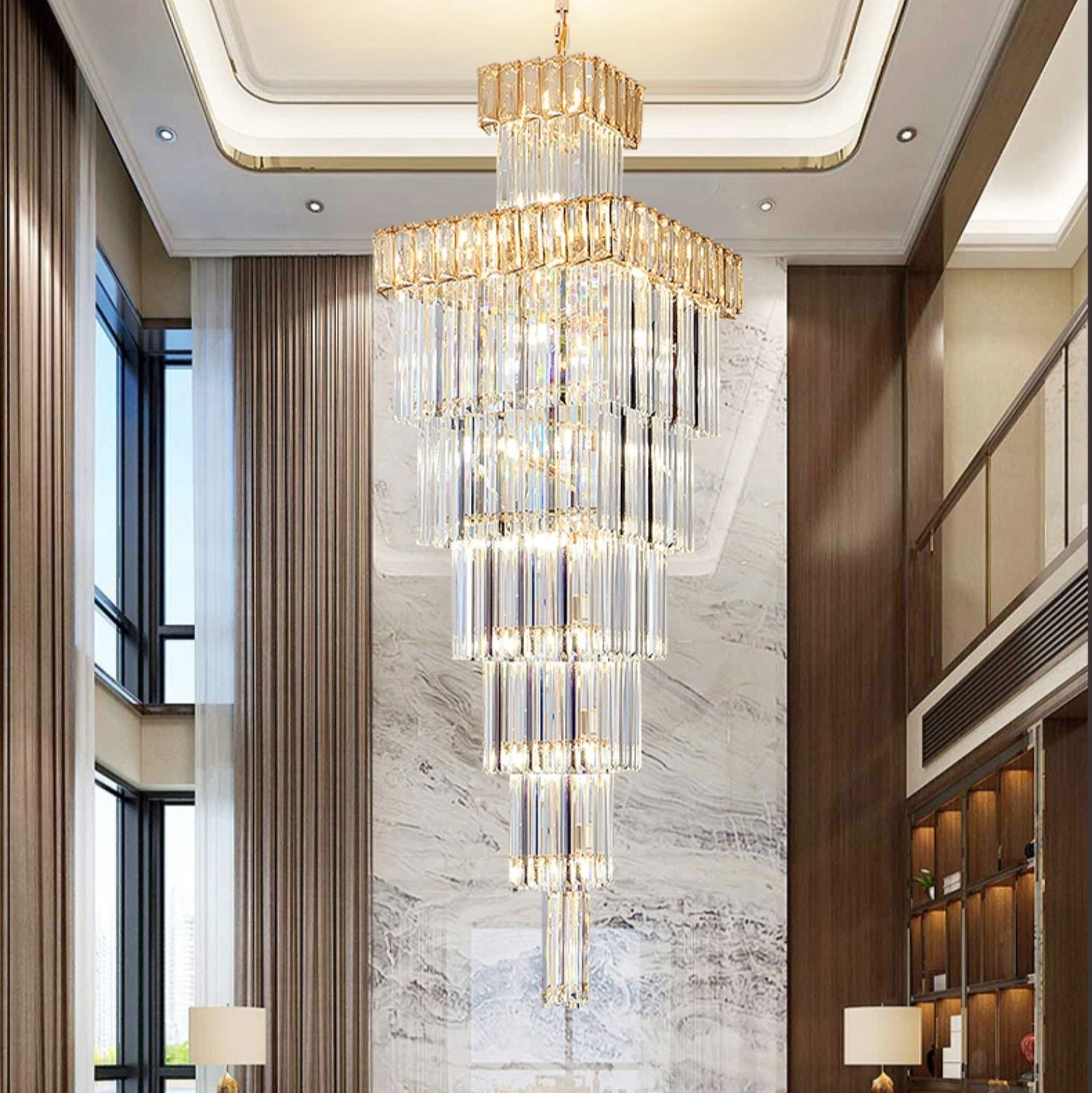Extra Large Vertical Crystal Staircase Chandelier Foyer Ceiling Light Fixture in Gray/Amber Brim-MEET LIGHTING