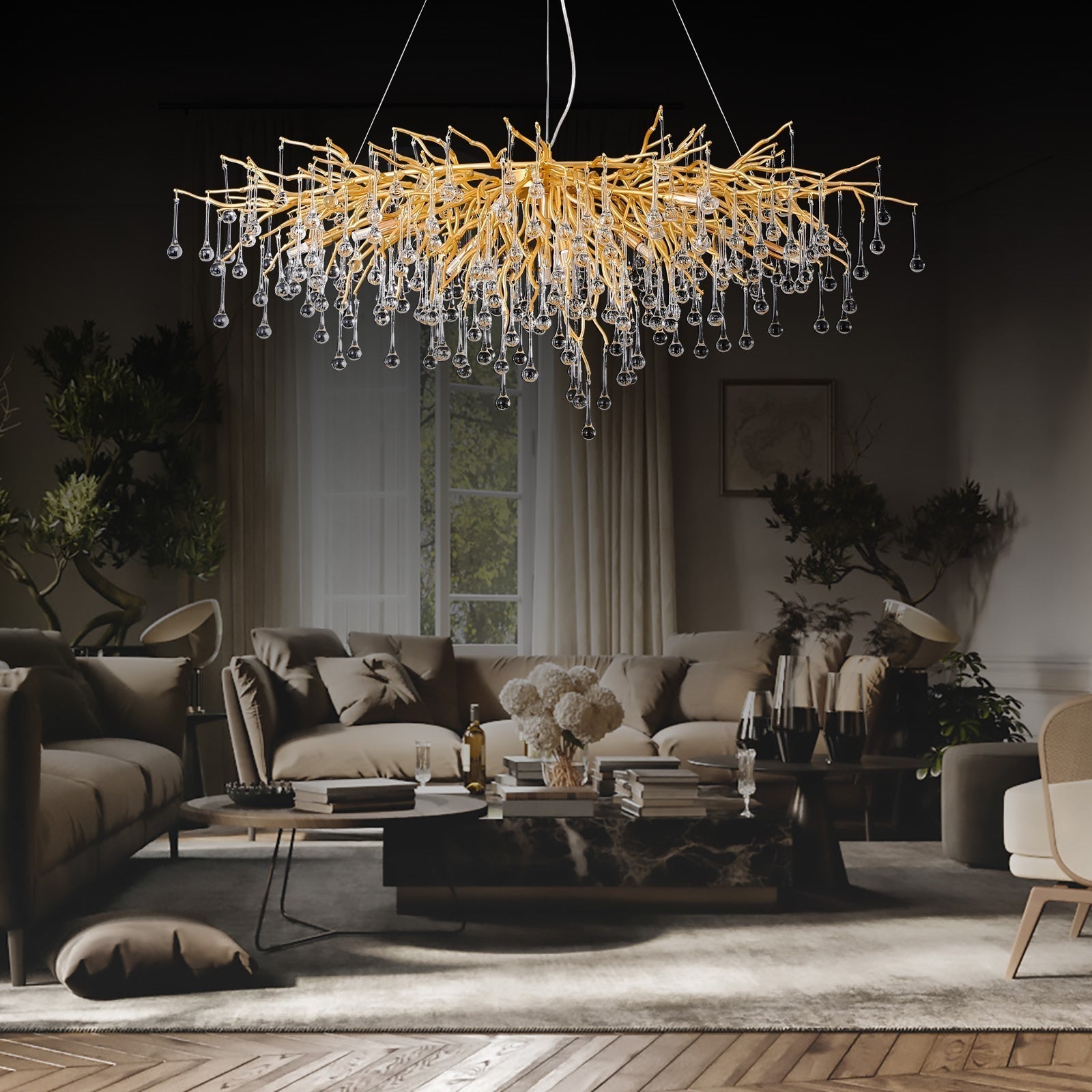 Doris Crystal Rectangular Branch Chandelier L45"-MEET LIGHTING