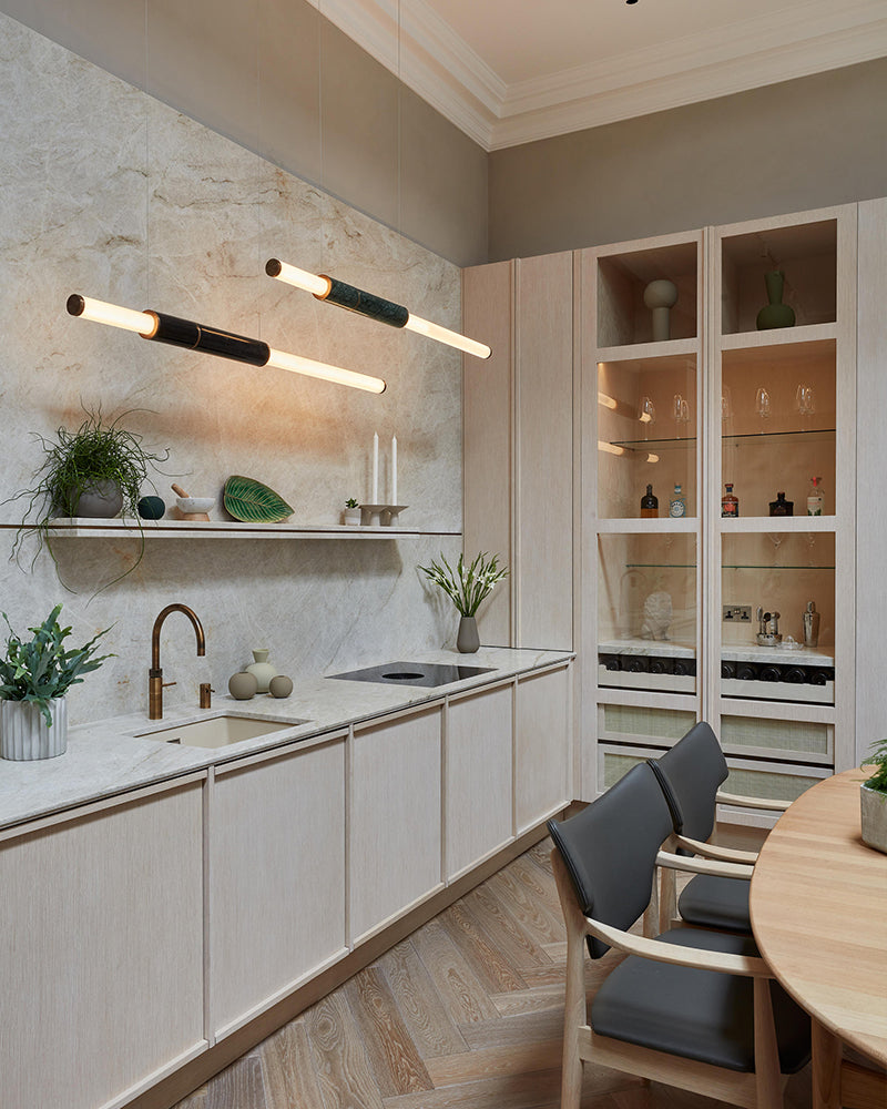 Slim Alabaster Linear Pipe Pendant Light - Silver, Green & Black - suspended vertically & horizontally