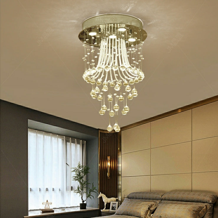 Flush Mounted Crystal Drops Chandelier Elegant Ceiling Light Fixture For Bedroom/ Living Room-MEET LIGHTING