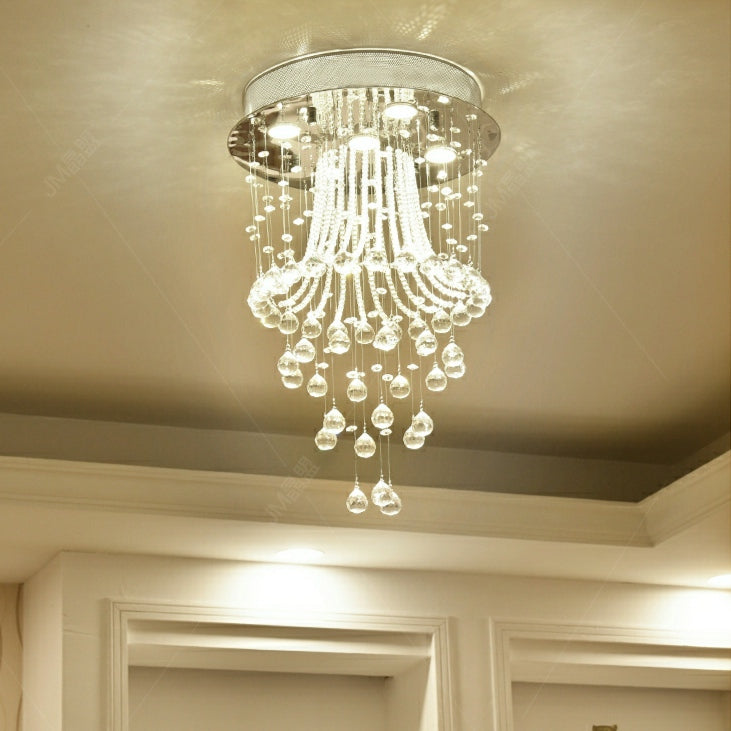 Flush Mounted Crystal Drops Chandelier Elegant Ceiling Light Fixture For Bedroom/ Living Room-MEET LIGHTING