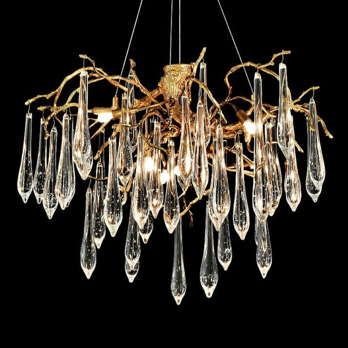 French Style Living Room Branch Crystal Drops Chandelier Modern Copper Gold Finish Dining Room Ceiling Lighting Fixture-MEET LIGHTING