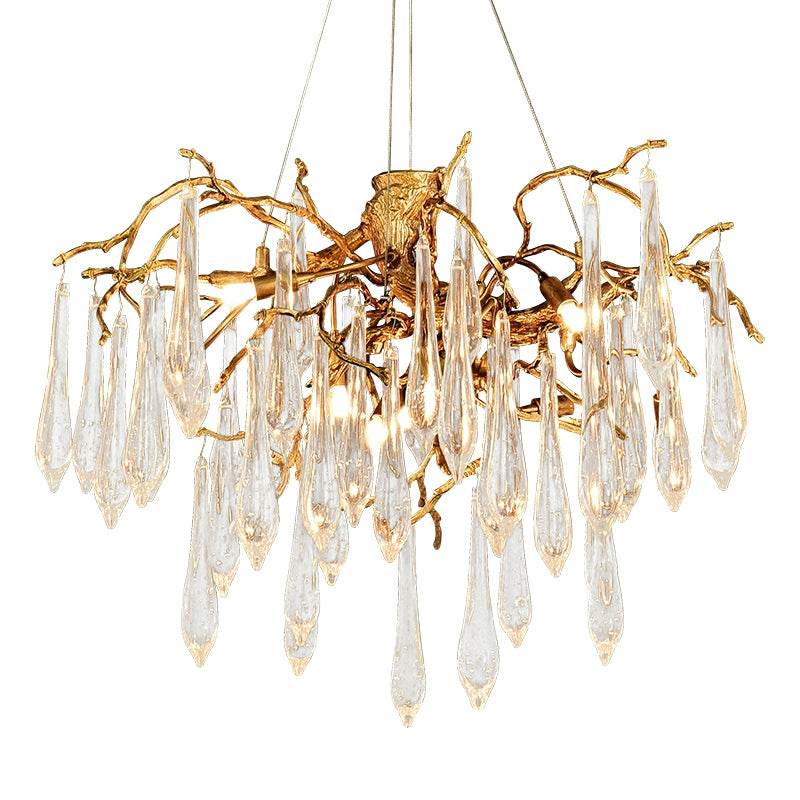 French Style Living Room Branch Crystal Drops Chandelier Modern Copper Gold Finish Dining Room Ceiling Lighting Fixture-MEET LIGHTING
