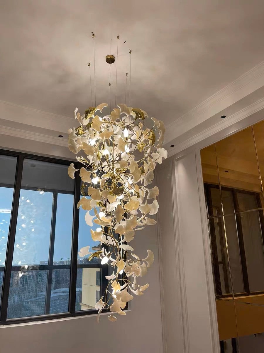 Ceramics Ginkgo Leaves Twig Chandelier Tree Branch Shaped Pendant Light For High Ceiling Living Room Hotel Hall-MEET LIGHTING