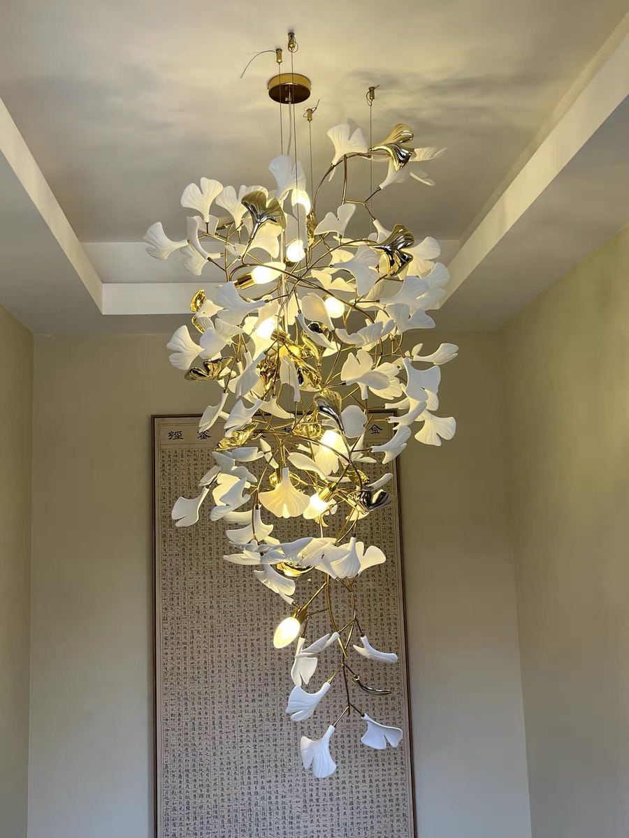 Ceramics Ginkgo Leaves Twig Chandelier Tree Branch Shaped Pendant Light For High Ceiling Living Room Hotel Hall-MEET LIGHTING