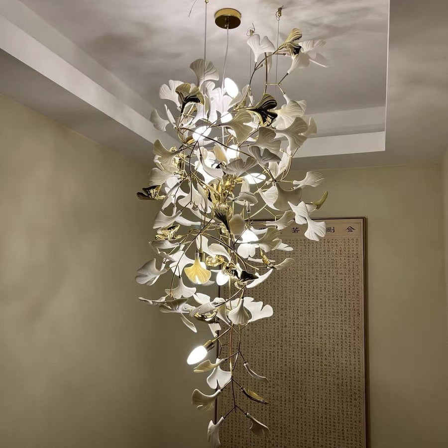 Ceramics Ginkgo Leaves Twig Chandelier Tree Branch Shaped Pendant Light For High Ceiling Living Room Hotel Hall-MEET LIGHTING
