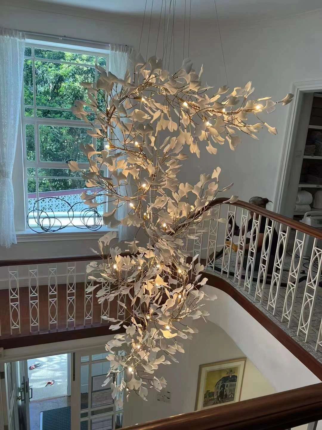 Ceramics Ginkgo Leaves Twig Chandelier Tree Branch Shaped Pendant Light For High Ceiling Living Room Hotel Hall-MEET LIGHTING