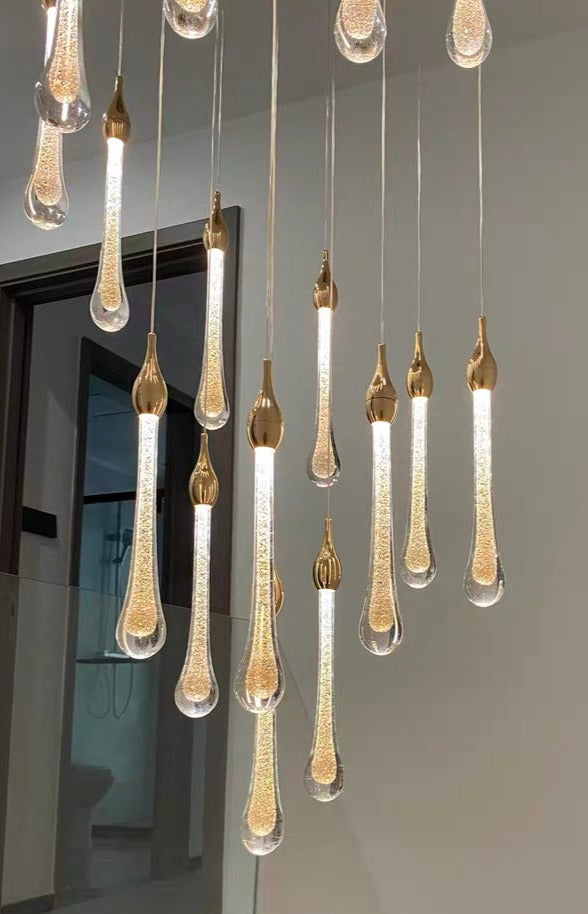 Foyer Glass Drops Pendant Chandelier Spiral Staircase High Ceiling Light Fixture In Gold Finish-MEET LIGHTING