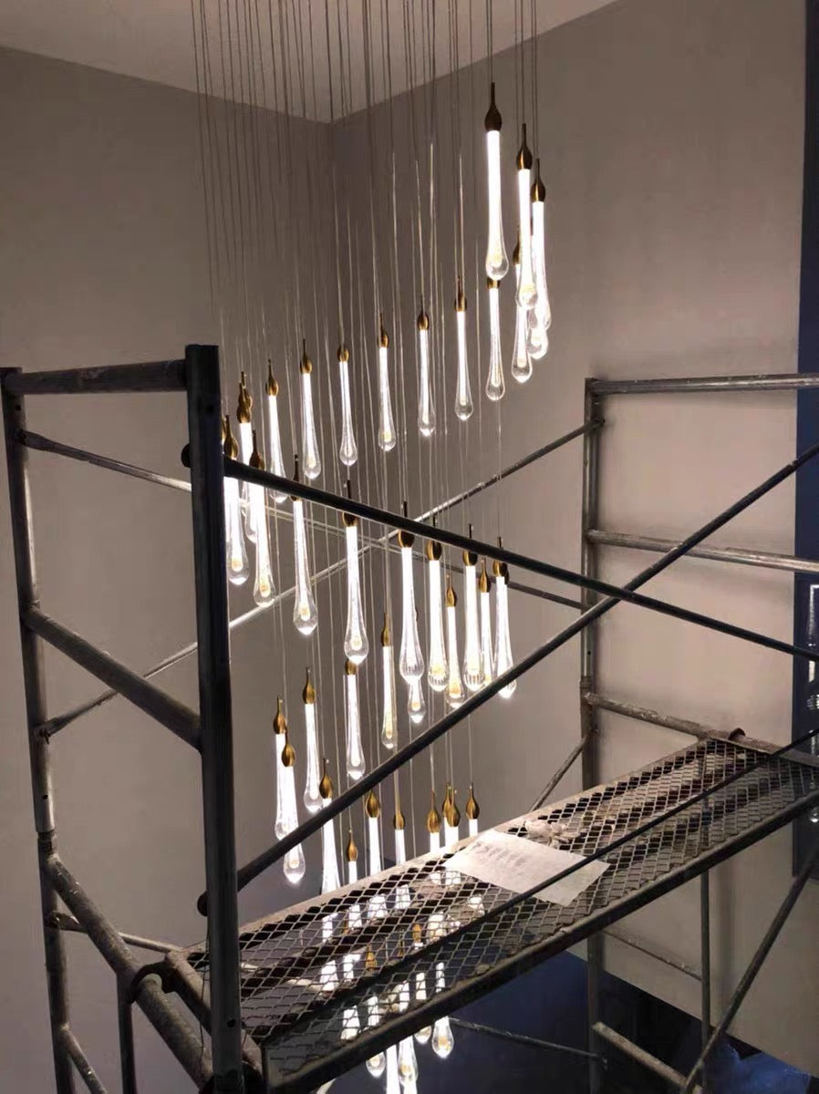 Foyer Glass Drops Pendant Chandelier Spiral Staircase High Ceiling Light Fixture In Gold Finish-MEET LIGHTING