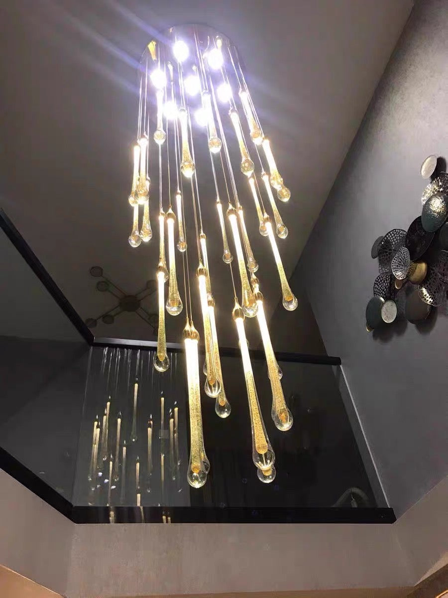 Foyer Glass Drops Pendant Chandelier Spiral Staircase High Ceiling Light Fixture In Gold Finish-MEET LIGHTING