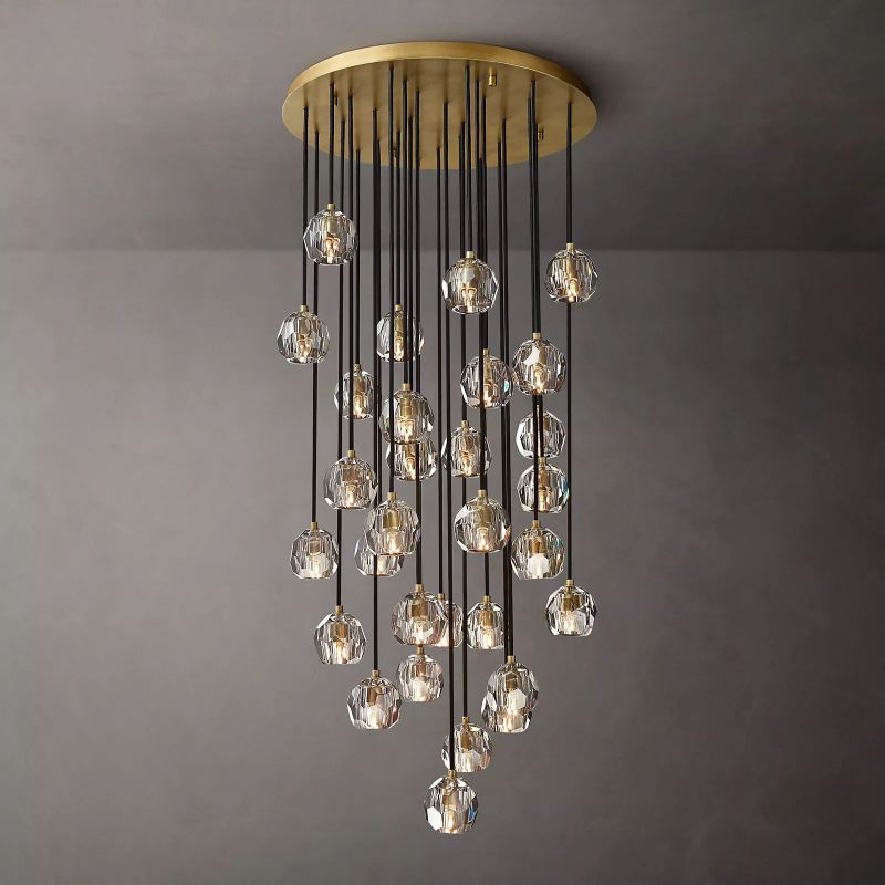 Kristal Glass Round Cluster Chandelier 30" chandeliers for dining room,chandeliers for stairways,chandeliers for foyer,chandeliers for bedrooms,chandeliers for kitchen,chandeliers for living room Rbrights Lacquered Burnished Brass Clear 