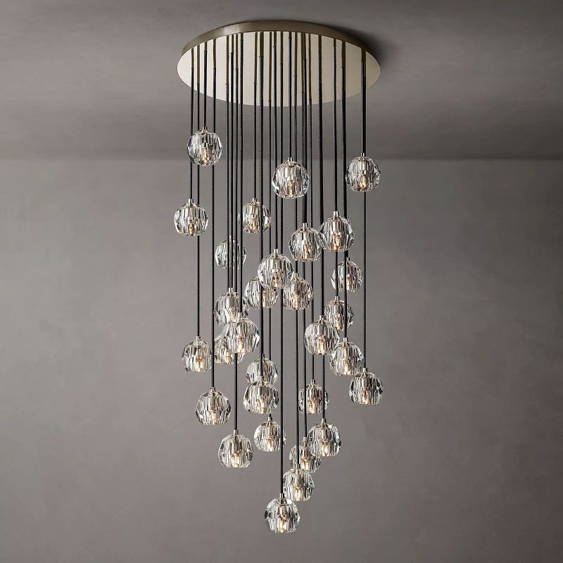 Kristal Glass Round Cluster Chandelier 30" chandeliers for dining room,chandeliers for stairways,chandeliers for foyer,chandeliers for bedrooms,chandeliers for kitchen,chandeliers for living room Rbrights Polished Nickel Clear 