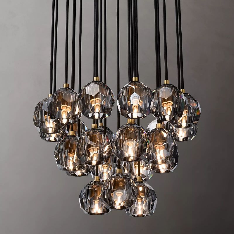 Kristal Glass Round Cluster Chandelier 24" chandeliers for dining room,chandeliers for stairways,chandeliers for foyer,chandeliers for bedrooms,chandeliers for kitchen,chandeliers for living room Rbrights Lacquered Burnished Brass Smoke 