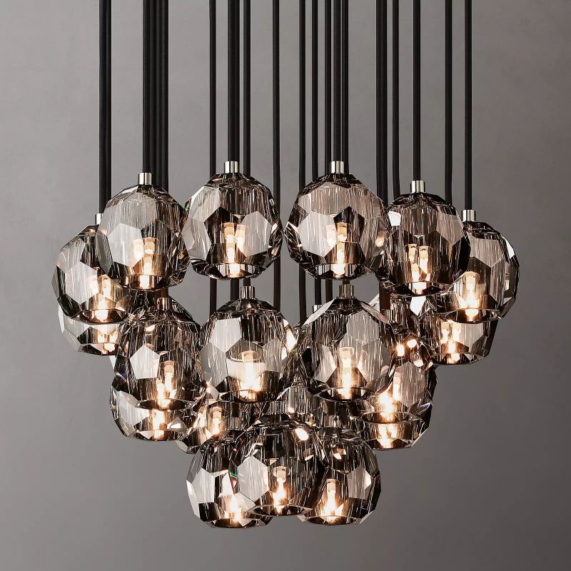 Kristal Glass Round Cluster Chandelier 24" chandeliers for dining room,chandeliers for stairways,chandeliers for foyer,chandeliers for bedrooms,chandeliers for kitchen,chandeliers for living room Rbrights Polished Nickel Smoke 