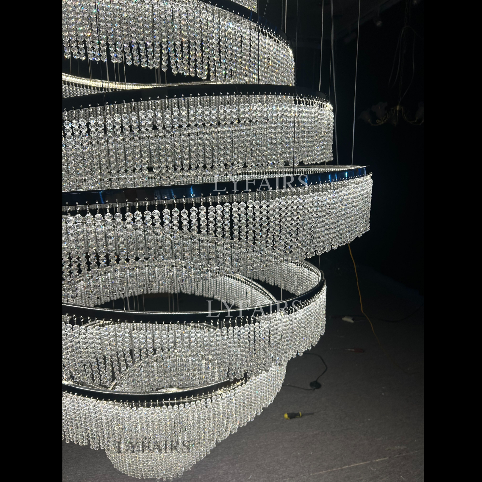 Long Crystal Tassel Rings Chandelier Extra Large Living Room Staircase High Ceiling Lighting Fixture-MEET LIGHTING