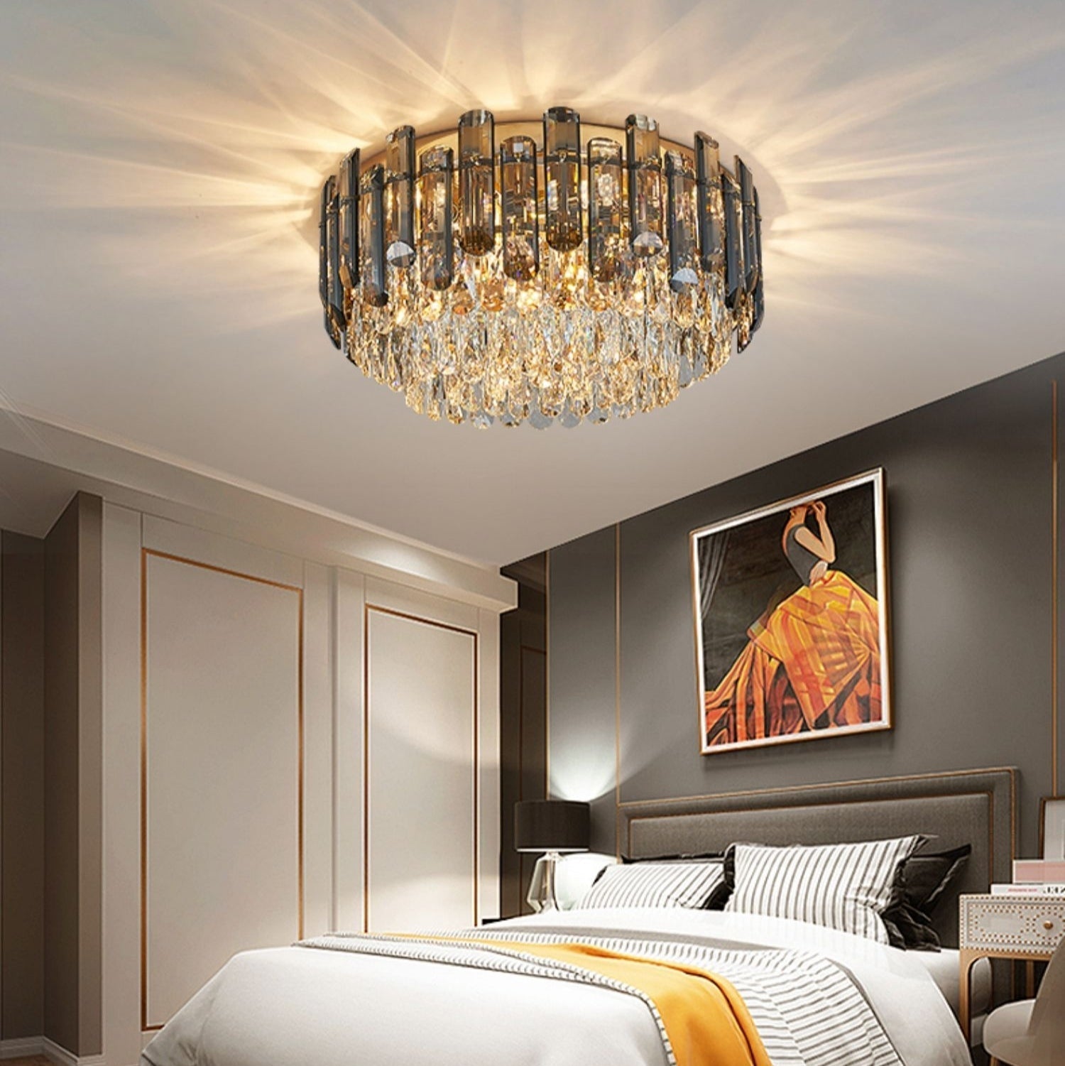 Smoke Gray Crystal Chandelier Flush Mounted Ceiling Light Fitxture Set for Dining Room/Living Room-MEET LIGHTING