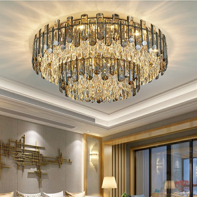 Smoke Gray Crystal Chandelier Flush Mounted Ceiling Light Fitxture Set for Dining Room/Living Room-MEET LIGHTING