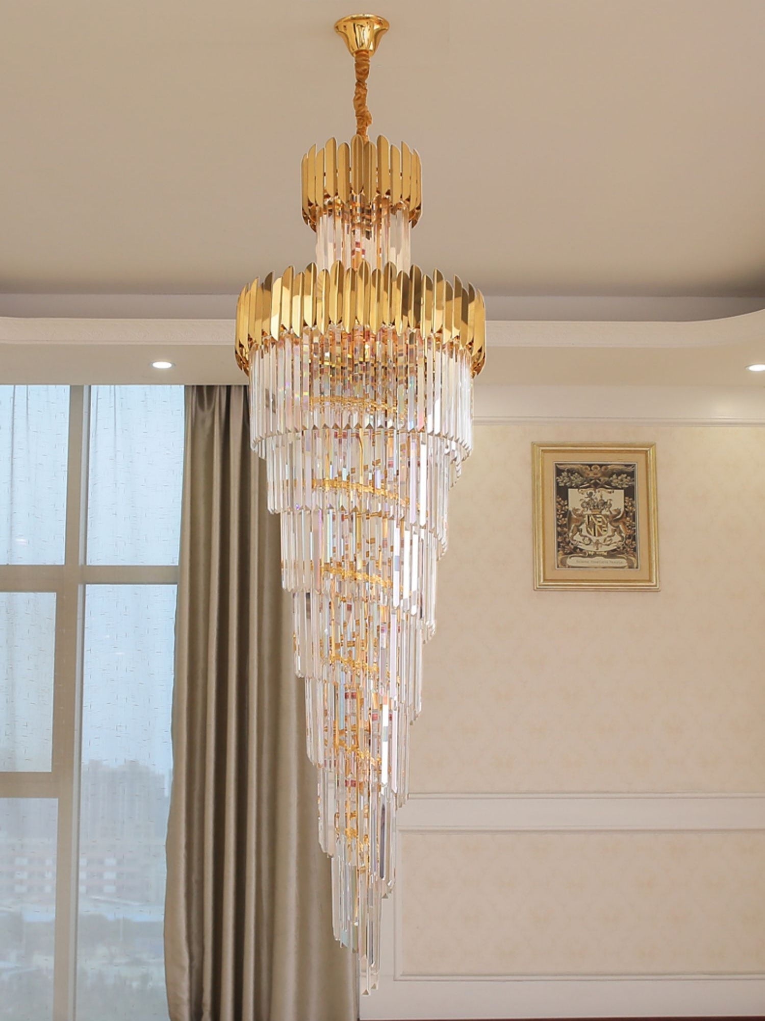 Luxury Gold Trimmed Long Crystal Chandelier Foyer Staircase Extra Large Ceiling Light Fixture-MEET LIGHTING