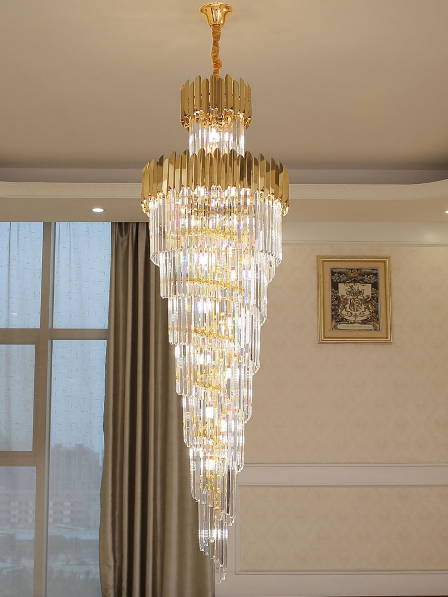 Luxury Gold Trimmed Long Crystal Chandelier Foyer Staircase Extra Large Ceiling Light Fixture-MEET LIGHTING