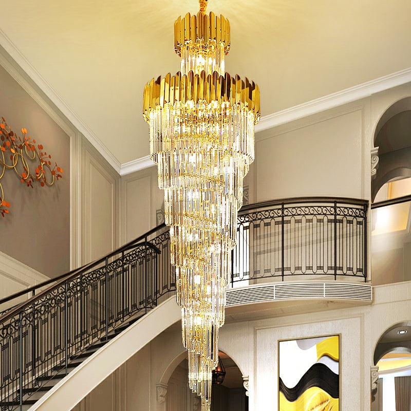 Luxury Gold Trimmed Long Crystal Chandelier Foyer Staircase Extra Large Ceiling Light Fixture-MEET LIGHTING