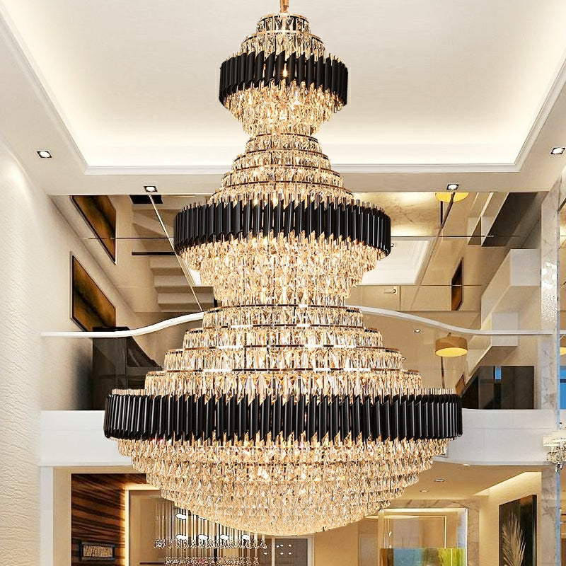 Golden Era Grand Fountain Crystal Chandelier with Black Tube for Staircase/Foyer/High-ceiling-MEET LIGHTING