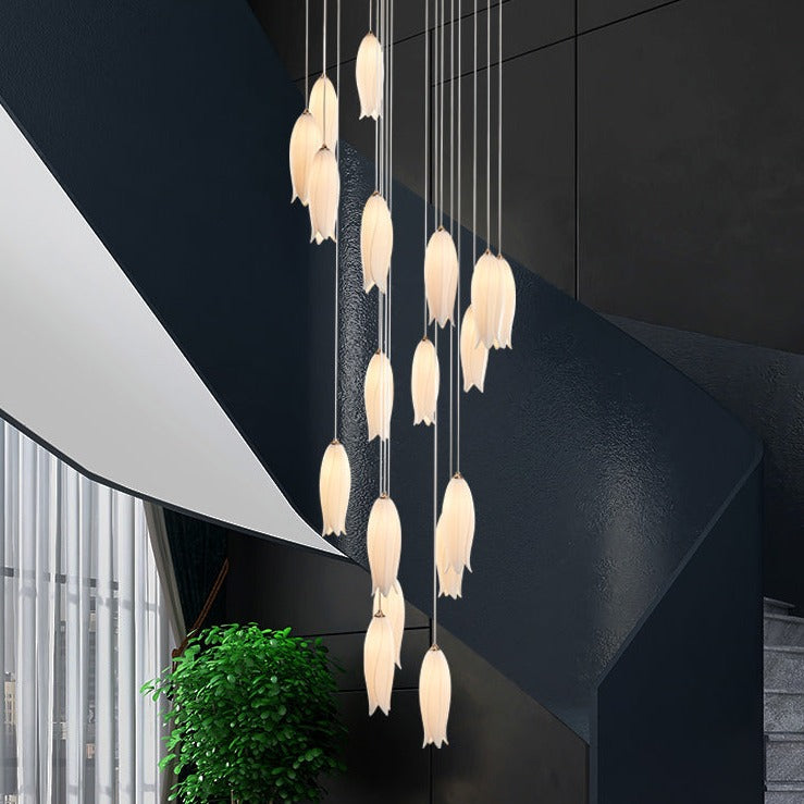 Modern White Ceramic Elegant Tulip Flower Chandelier For Foyer/Staircase-MEET LIGHTING