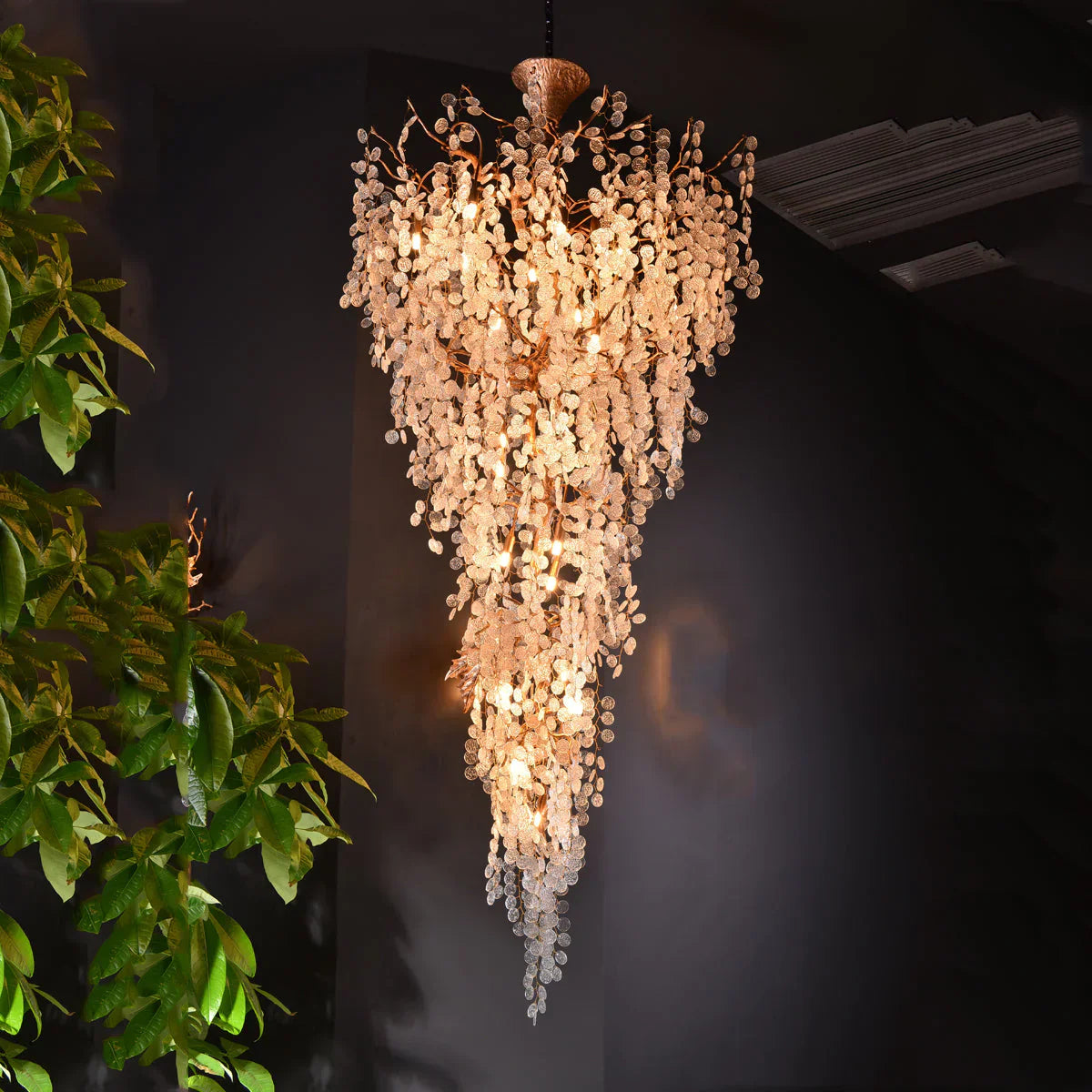 Modern Unique Artistic Flower Brass Branch Semi-flush Mount Chandelier for Living Room/ Hallway/ Entryway/ Staircase-MEET LIGHTING